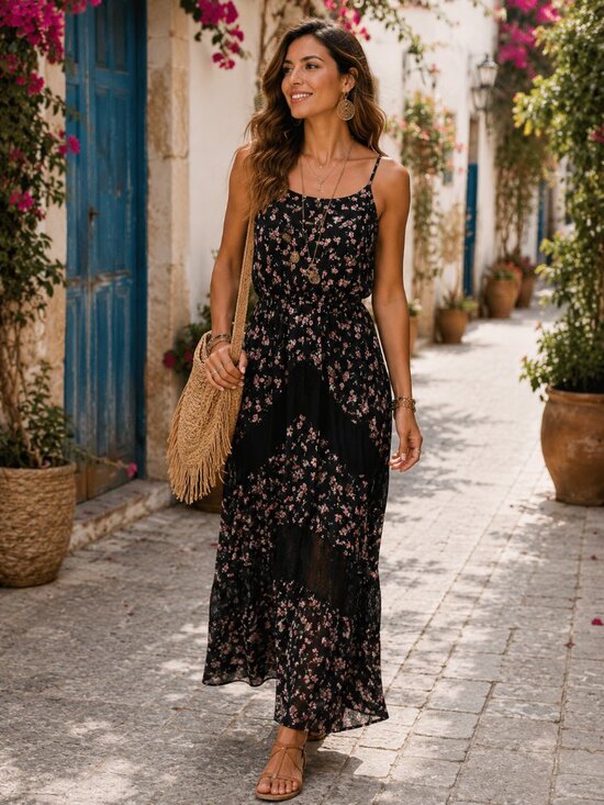 Unbranded Dresses & Skirts - Black Floral Maxi Dress Women Small Boho Lace Layered Spaghetti Straps Size L